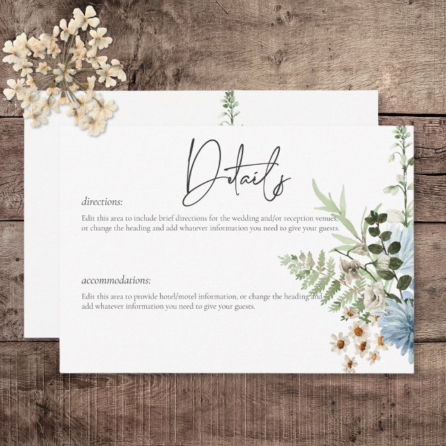 Rustika vilda blå blommor & tusenskönor Detaljer Tilläggskort (Rustic Dusty Blue Wildflowers & Daisies Wedding Details Card)