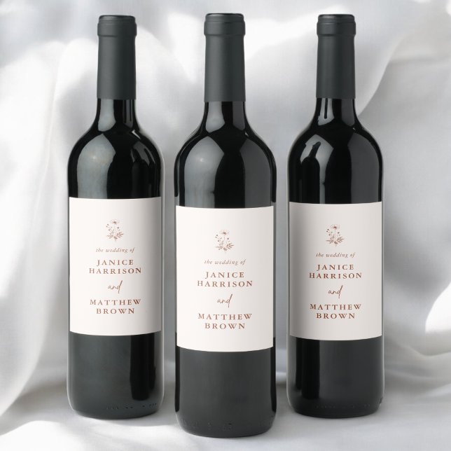 Rustika vilda blommor terrakotta boho bröllop vinflaska etikett (Rustic wildflower terracotta boho wedding wine label adds warm personalized charm to your bottles)
