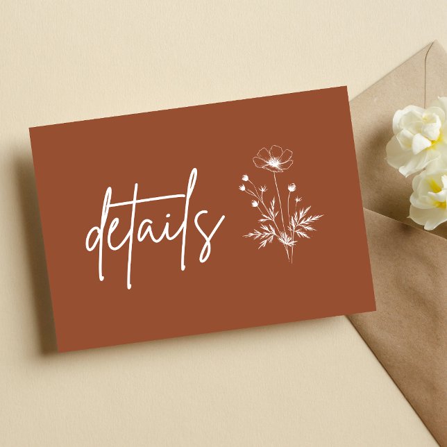 Rustika vilda blommor terrakotta boho bröllopsdeta tilläggskort (Rustic terracotta wildflower details card adds boho charm and clearly shares wedding information.)