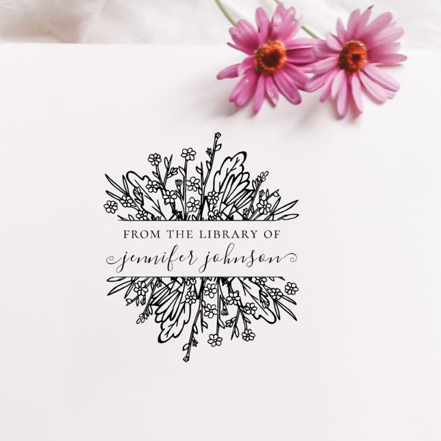 Rustika Vildblommor Eleganta Whimsical Biblioteksb Stämpel (Rustic Wildflowers Elegant Whimsical Library Books Rubber Stamp)