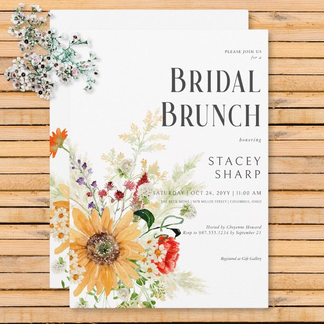 Rustika vildblommor & solrosor bröllopsbrunch inbjudningar (Rustic Wildflowers & Sunflowers Bridal Brunch Invitation)