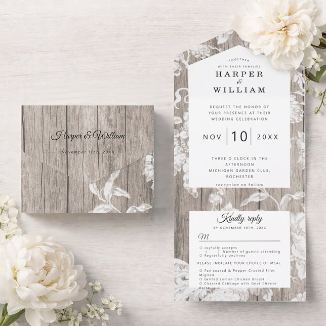 Rustika vintageblommor på vädrade plankor bröllop (Rustic vintage flowers on grey plank. Western romance wedding invitation.)