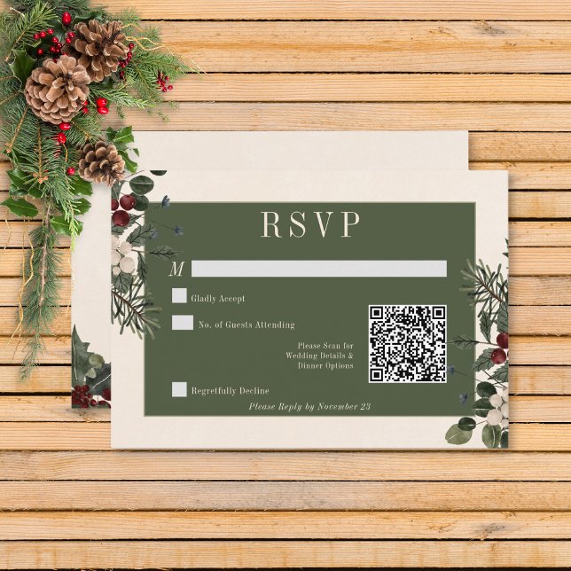 Rustika vinterbär & tall-kräm QR-kod bröllop OSA Kort (Rustic Winter Berries & Pine Cream Wedding Response Card with QR Code)