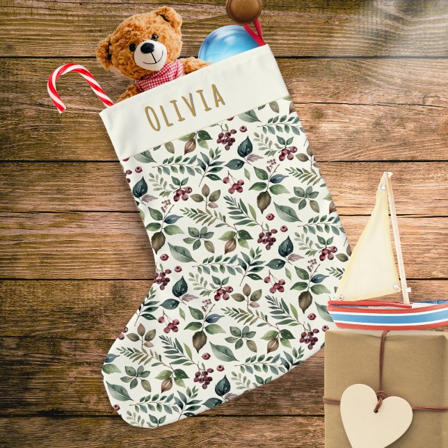Rustika vinterblad och bär Personligt Stor Julstrumpa (A Christmas stocking with an elegant pattern of greenery and red berries, personalized with a name)