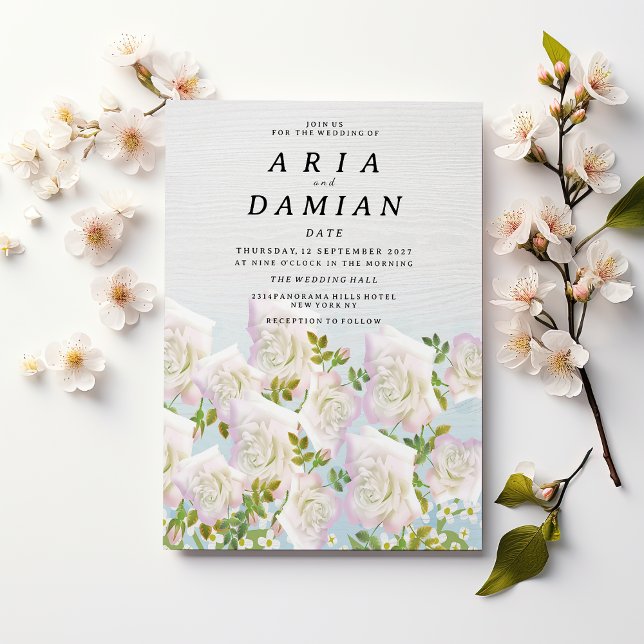 Rustika vita trä rosa mint rosor Bröllop Inbjudningar (Rustic white wood pink mint roses Wedding )