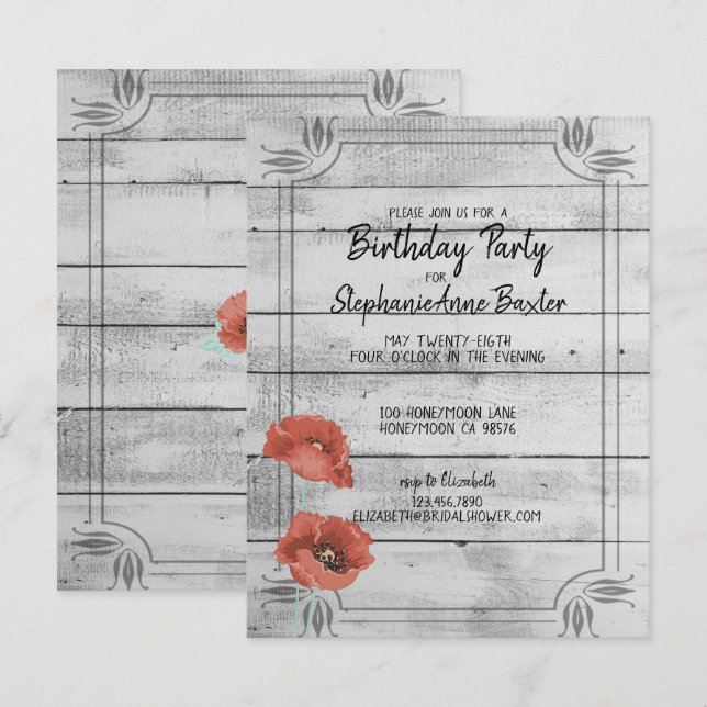 Rustika vita trädpoppyblommor Födelsedagsinbjudan Inbjudningar (Fram/baksida)
