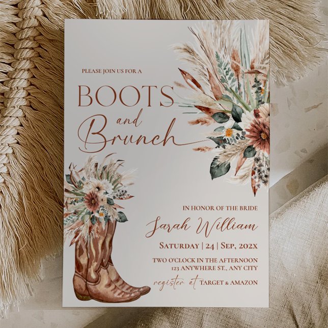 Rustika Westernstövlar Brunch Bröllopsdusch Inbjudningar (Rustic Western Boots and Brunch Bridal Shower Invitation | Boho Terracotta Pampas Grass)