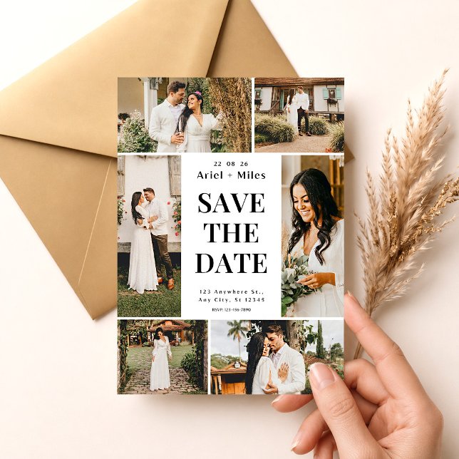 Rustikalt 6-fotocollage Spara datum Bröllop Inbjudningar (Wedding Save the Date Template, Photo Collage Save the Date Card, Editable Wedding Announcemen)