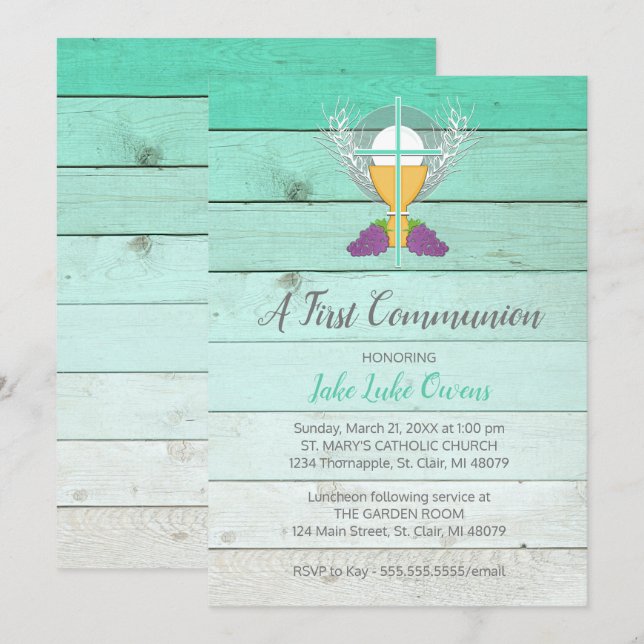 Rustikalt första kommunion-inbjudningskort - Blå Inbjudningar (Fram/baksida)