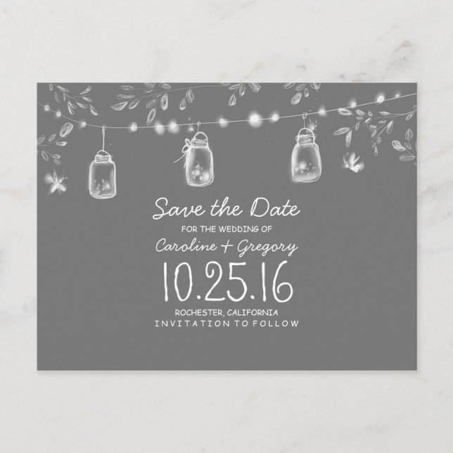 rustikalt spara datum med eldflugor murar krukor meddelande vykort (Framsida)