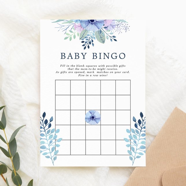 Rustikalt vinterblommigt babybingospel navybord inbjudningar (Skapare uppladdad)