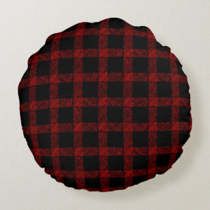 Rustikrött och svart tartan med präglat linjer rund kudde