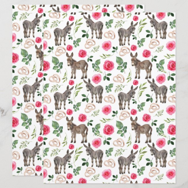 Rustikt Äsel Blommigt Rosa Scrapbookpapper (Fram/baksida)