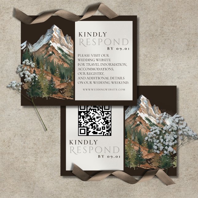 Rustikt Berglandskap Akvarell Bröllop QR  OSA Kort (Rustic Mountain Landscape Watercolor Wedding QR RSVP Card)
