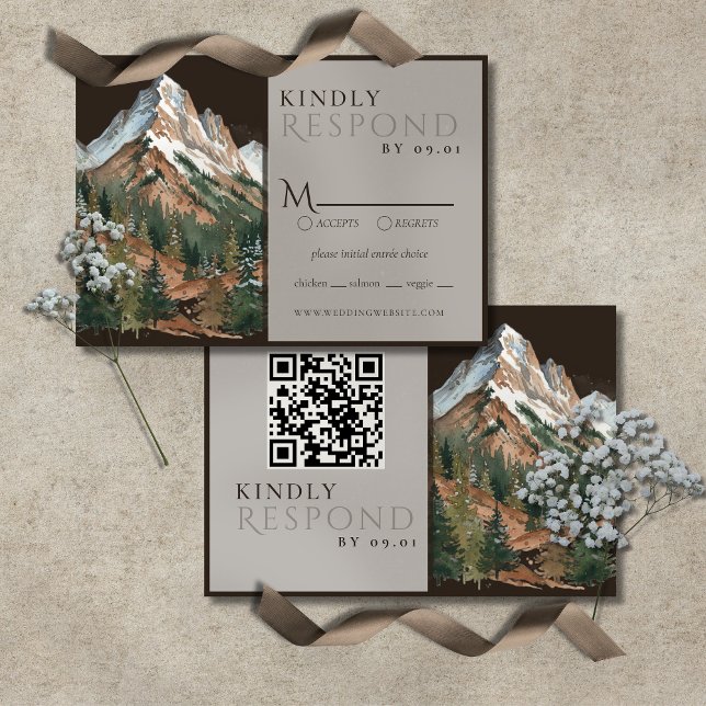 Rustikt Berglandskap Akvarell Bröllop QR  OSA Kort (Rustic Mountain Landscape Watercolor Wedding QR RSVP Card)