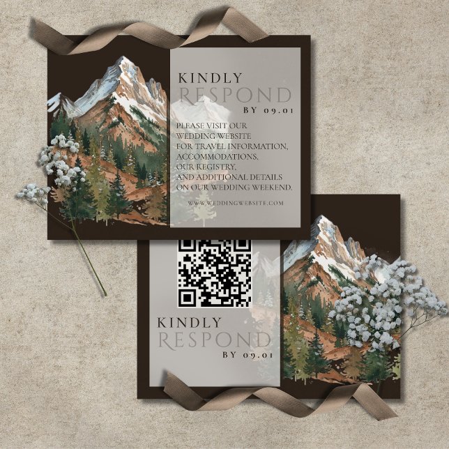 Rustikt Berglandskap Vattenfärg Bröllop QR  OSA Kort (Rustic Mountain Landscape Watercolor Wedding QR RSVP Card)