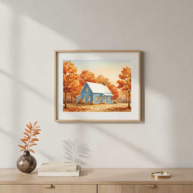 Rustikt Blått Hus i Höstskogen Akvarell Poster (Skapare uppladdad)