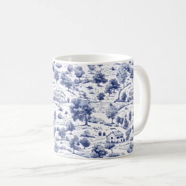 Rustikt Blått Landsbygd Toile-mönster Kaffemugg (Framsida höger)