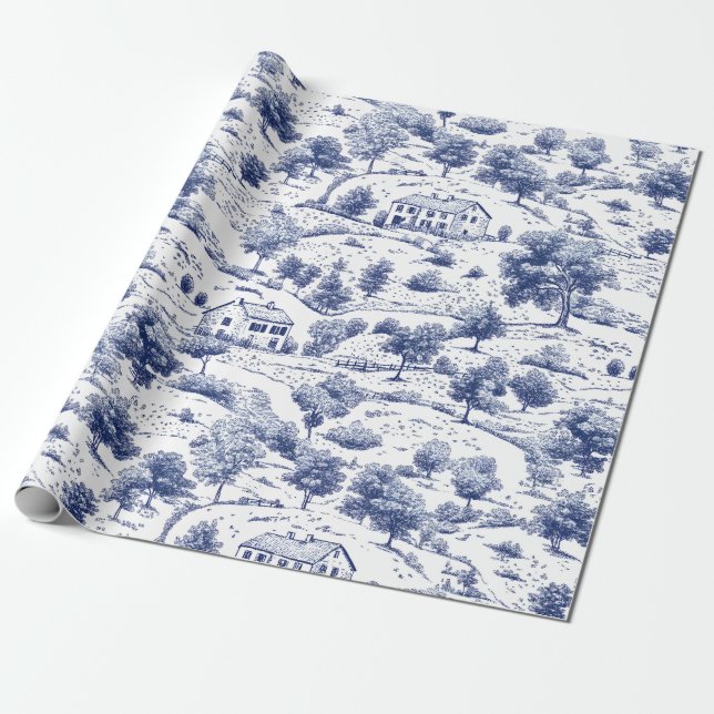 Rustikt Blått Landsbygd Toile-mönster Presentpapper (Utrullad)