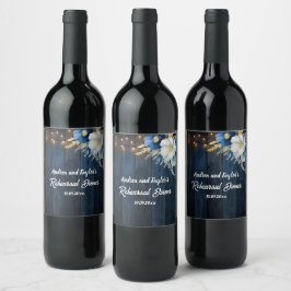 Rustikt Blått Trä Vitt Blommönstrat Övningsmiddag Vinflaska Etikett