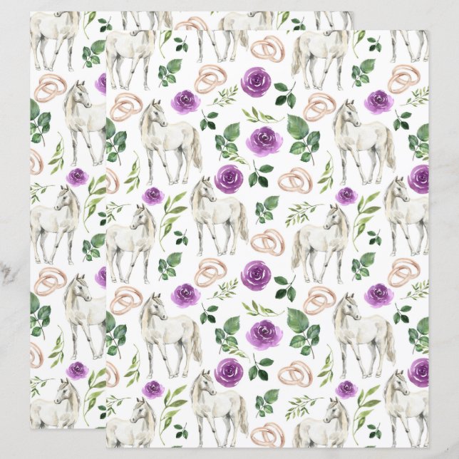 Rustikt blomstret hästtema lila scrapbookpapper (Fram/baksida)