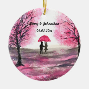 Rustikt bröllop kärlekspar körsbärsblomstrande trä julgransprydnad keramik