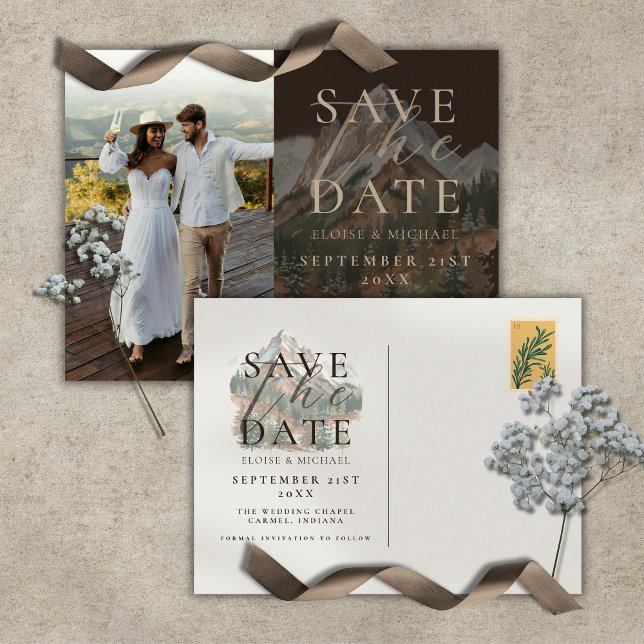 Rustikt Brunt Akvarell Berg Foto Bröllop Meddelande Vykort (Rustic Brown Watercolor Mountain Photo Wedding Announcement Postcard)
