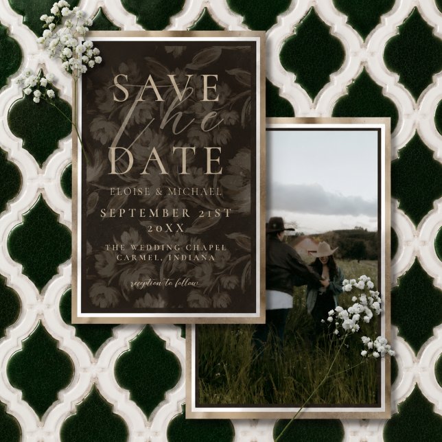 Rustikt Brunt Botaniskt Mönster Foto Bröllop Spara Datumet (Rustic Brown Botanical Pattern Photo Wedding Save The Date)