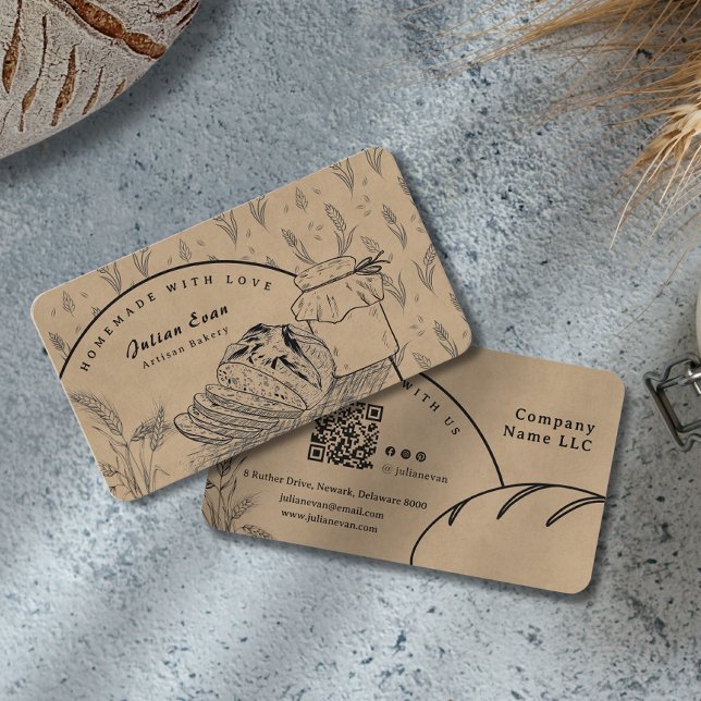 Rustikt brunt handritat surdegsbröd hembakat bröd visitkort (Rustic Brown Hand Sketch Sourdough Homemade Bread Business Card)
