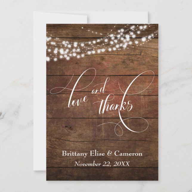 Rustikt brunt trä med vita ljusslingor tack kort (Framsida)