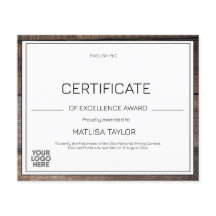 Rustikt certifikat för utmärkt prestation med logo