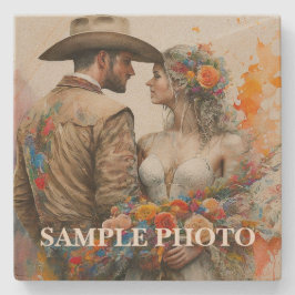 Rustikt Country Western Par Custom Foto Bröllop Stenunderlägg