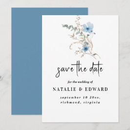 rustikt dammigt blå akvarell blomsterbukett spara datumet