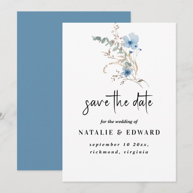 rustikt dammigt blå akvarell blomsterbukett spara datumet (Fram/baksida)