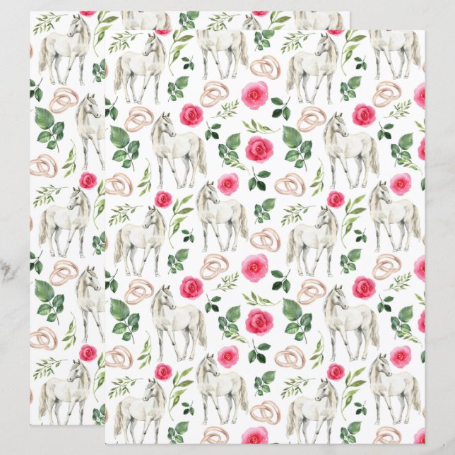 Rustikt Equestriskt Blommigt Rosa Scrapbookpapper (Fram/baksida)