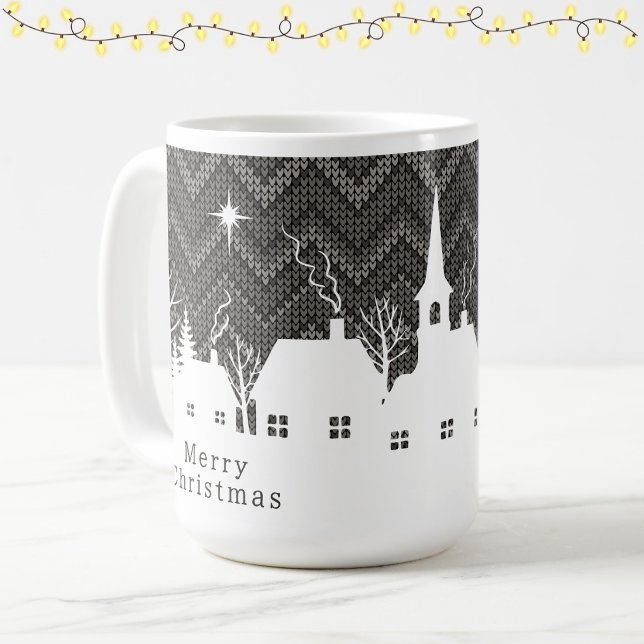 Rustikt grått julbygd-chevronstickat  kaffemugg (Skapare uppladdad)