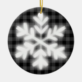 Rustikt grått svart rutigt mönster frostig snöflin julgransprydnad keramik