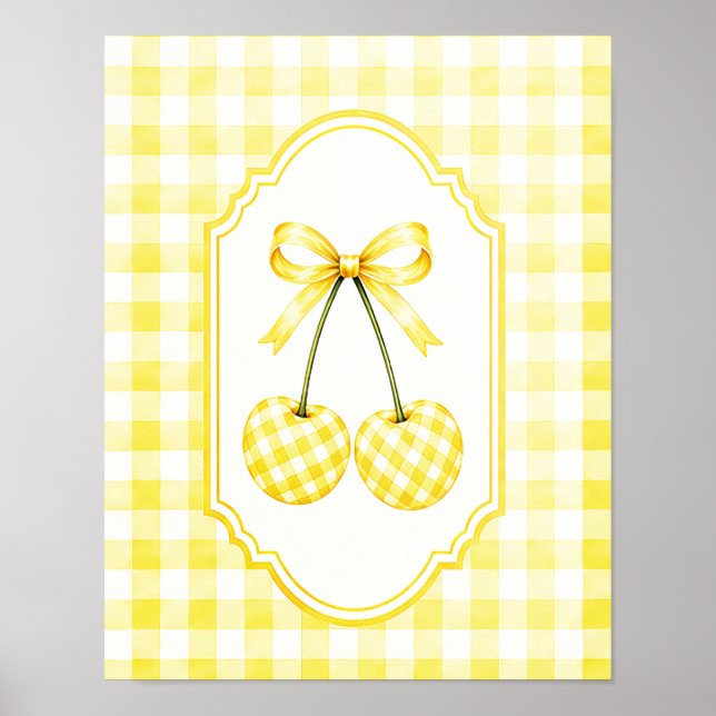 Rustikt Gult Karo Gingham Körsbär Illustration Poster (Framsidan)