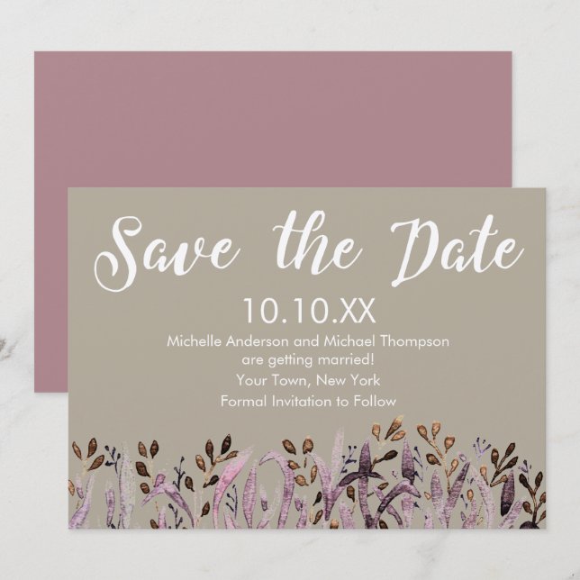 Rustikt Lila Blad Spara Datum Inbjudningar (Fram/baksida)