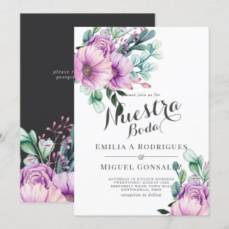 Rustikt lila blommande Nuestra Boda spanskt bröllo Inbjudningar