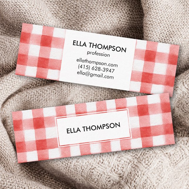 Rustikt Rött Akvarell Gingham Minimalistisk Mini Visitkort (Skapare uppladdad)