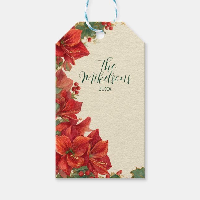 Rustikt rött amaryllis jul presentetikett (Framsidan)