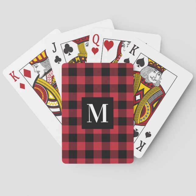Rustikt rött Buffalo-rutigt monogramfoto Casinokort (Baksidan)