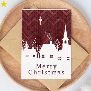 Rustikt rött chevronstickat julby Christmas Villag Kort
