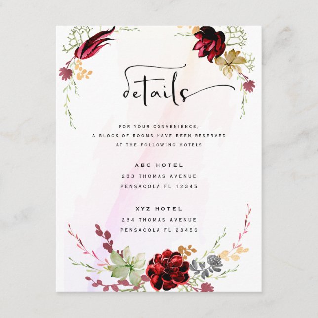 Rustikt rött elegant blomsterinbjudan tilläggskort (Framsida)