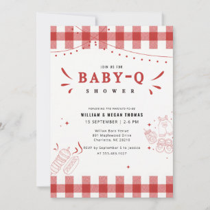 Rustikt rött Gingham Baby Q Grillfest för bebis Inbjudningar