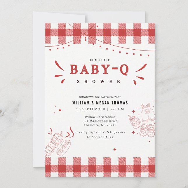 Rustikt rött Gingham Baby Q Grillfest för bebis Inbjudningar (Framsida)