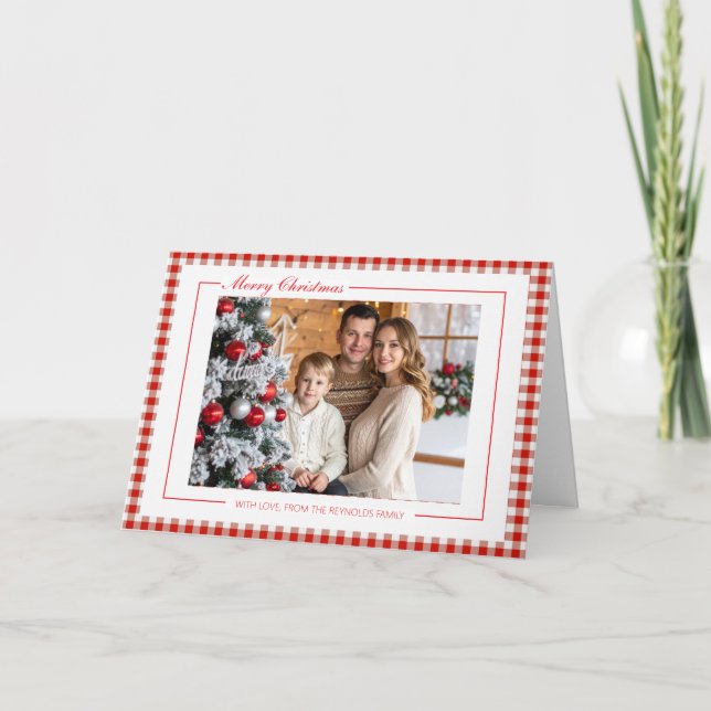 Rustikt rött gingham julhälsningskort med foto kort (Framsida)