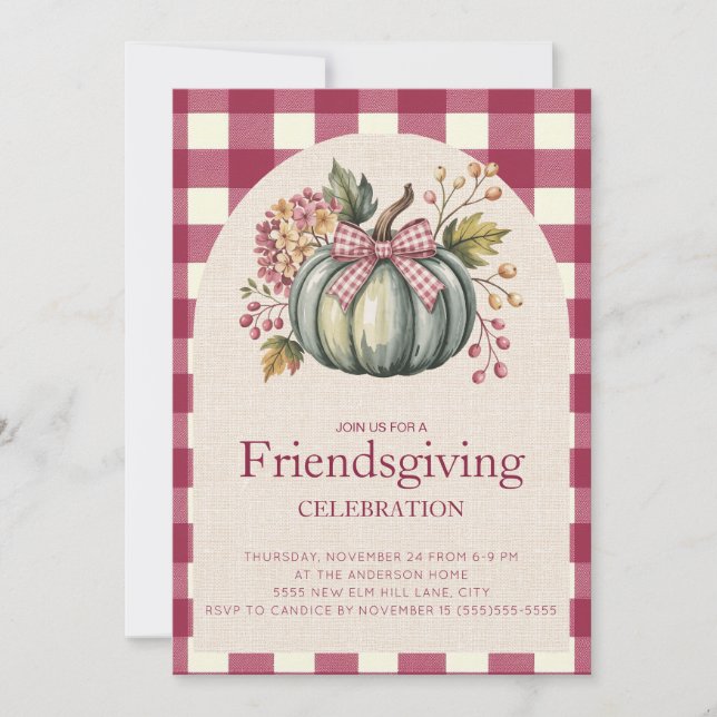 Rustikt rött gingham-teal-pumpa Friendsgiving (Framsida)