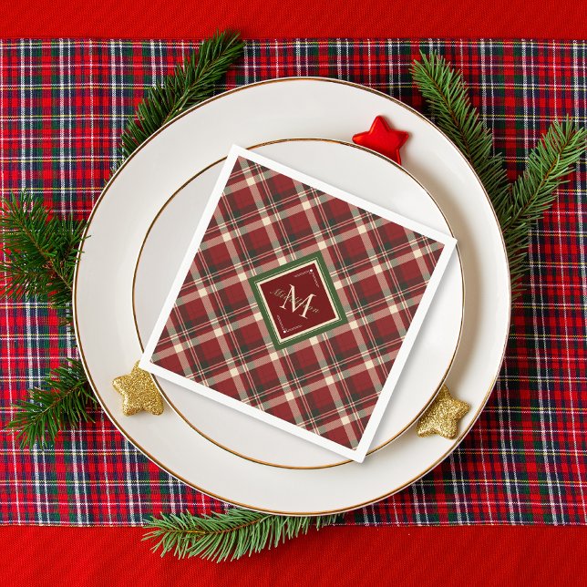 Rustikt rött grönt rutmönster Monogram jul Pappersservett (Skapare uppladdad)